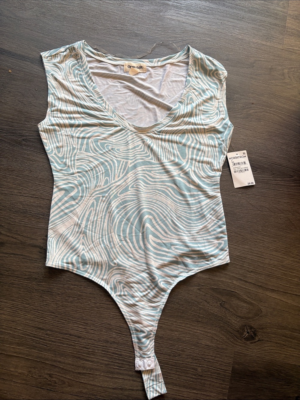 Open Edit Blue & White Swirl V-Neck Bodysuit